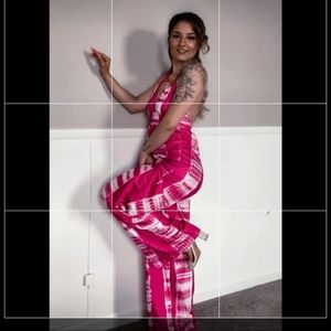 Pink and white open back jumpsuit pants long leg good with high heels